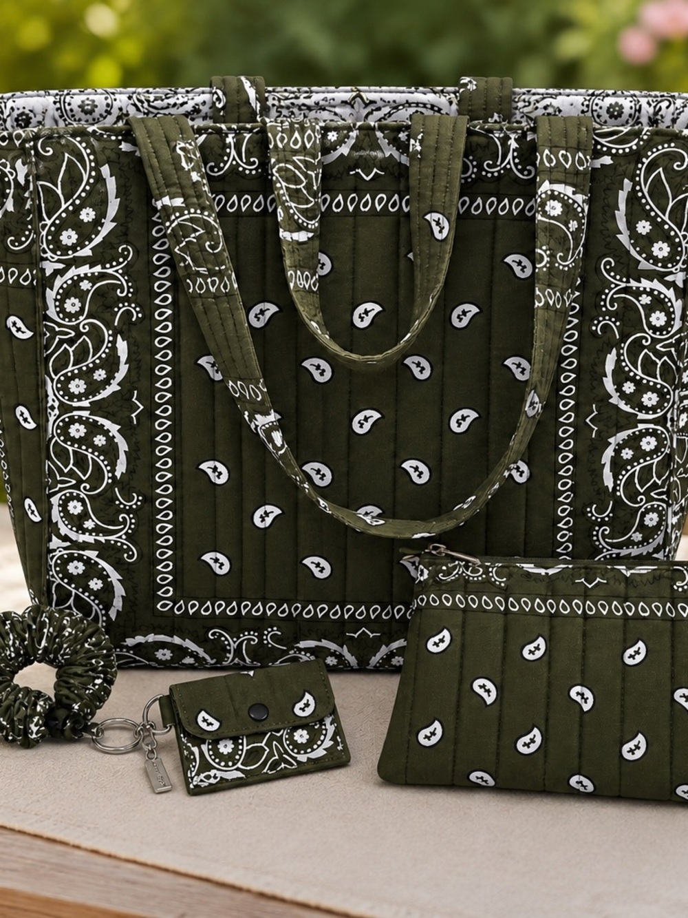 Hand Crafted Olive Green Bandana-Print Quilted Tote Set